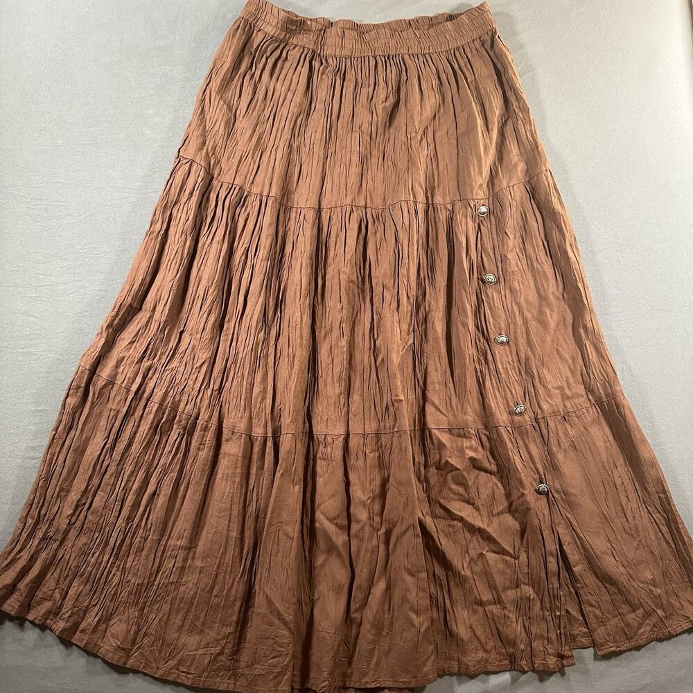 Crazy Cowgirl Women's Brown Rayon Tiered Maxi Skirt Button Accent Size M